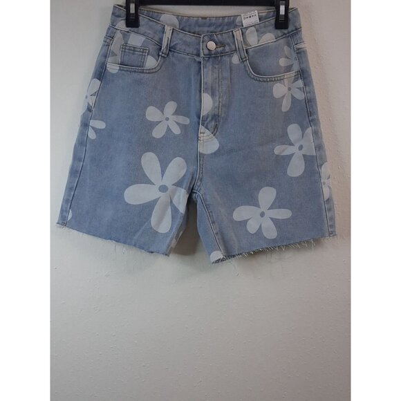 SHEIN Floral Print Denim Shorts With Frayed Hem & Pockets Light Wash Womens - Picture 2 of 10